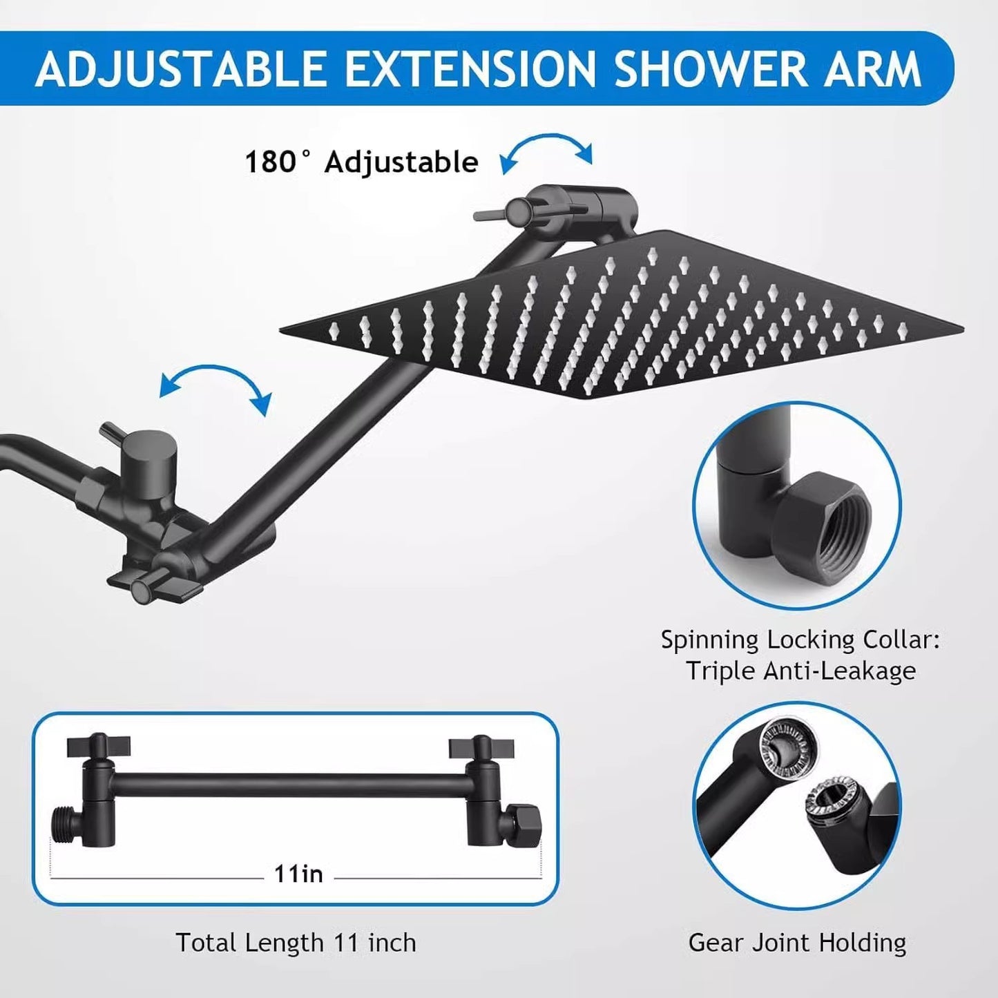 5-Setting Rainfall Shower Head Set – 8" & 10" Square, Chrome or Black | Wall-Mounted