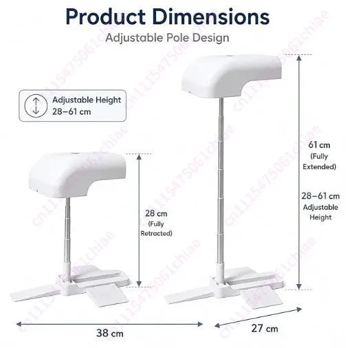 Product dimensions diagram showing an adjustable white manicure chair with pole, labeled with measurements for height and width on a white background.