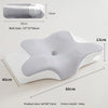 An ergonomic star-shaped neck pillow shown with dimension lines and measurements, including a rolled view at the top left. The pillow has a light gray top cushion and a white textured side base, photographed on a plain light background with size annotations.