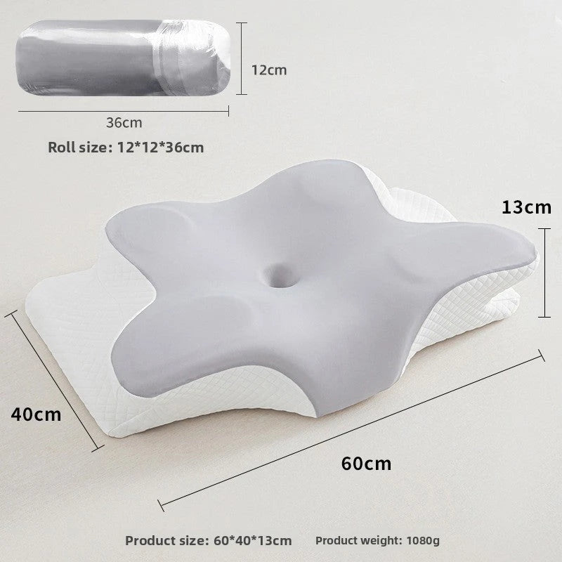 An ergonomic star-shaped neck pillow shown with dimension lines and measurements, including a rolled view at the top left. The pillow has a light gray top cushion and a white textured side base, photographed on a plain light background with size annotations.