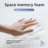 A hand pressing into a white textured foam surface with text reading 'Space memory foam' and 'Slow rebound pressure relief,' plus a feature callout about the material relieving pressure.