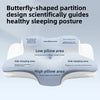 An ergonomic pillow with a butterfly-shaped center, shown on a light blue gradient background with text explaining its design for healthy sleeping posture.