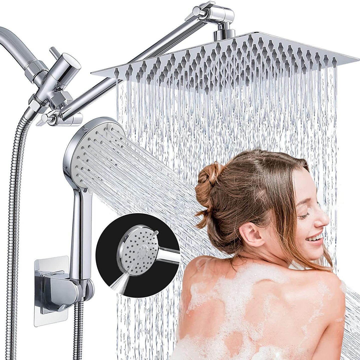 5-Setting Rainfall Shower Head Set – 8" & 10" Square, Chrome or Black | Wall-Mounted
