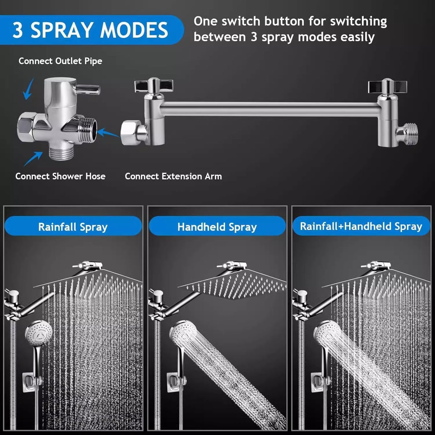 5-Setting Rainfall Shower Head Set – 8" & 10" Square, Chrome or Black | Wall-Mounted