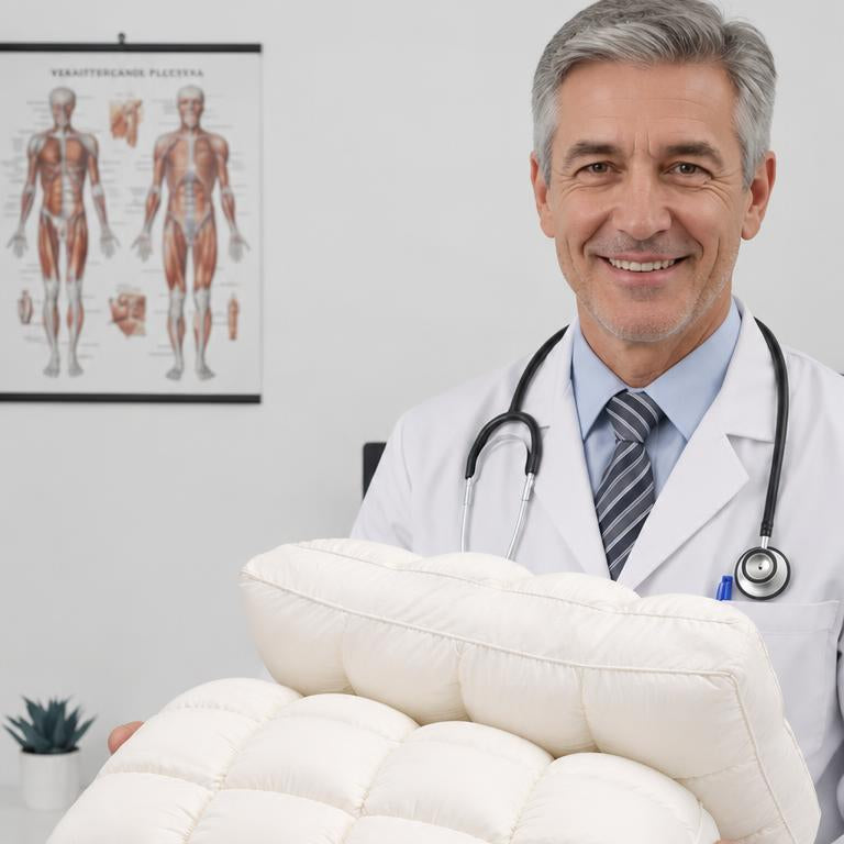 A smiling doctor in a white lab coat holds up a thick, quilted white pillow against a clinical office background with a blue banner reading 'Tested & Approved by Specialists'.