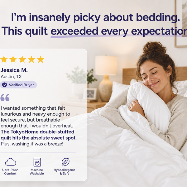 Promotional graphic for the TokyoHome double-stuffed quilt, featuring a woman sleeping soundly in bed, a customer review card, and product details including a black sleep mask and 30-night risk-free trial.