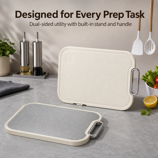 A dual-sided utility cutting board set shown on a kitchen counter, with one side in a cream finish and the other in a gray textured finish. The image includes promotional text at the top and kitchen props like a lemon, tomatoes, and utensils in the background.