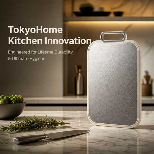 A gray textured rectangular kitchen accessory with rounded corners and a top handle, standing on a marble countertop in a modern kitchen setting. White text on the left reads 'TokyoHome Kitchen Innovation' with supporting copy about durability and hygiene.