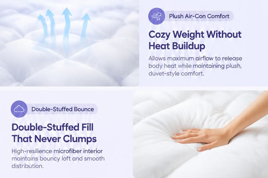 A promotional infographic for a lightweight summer cooling pillow, featuring stacked white pillows, a hand touching a pillow, and several text panels with customer testimonials on a white background.
